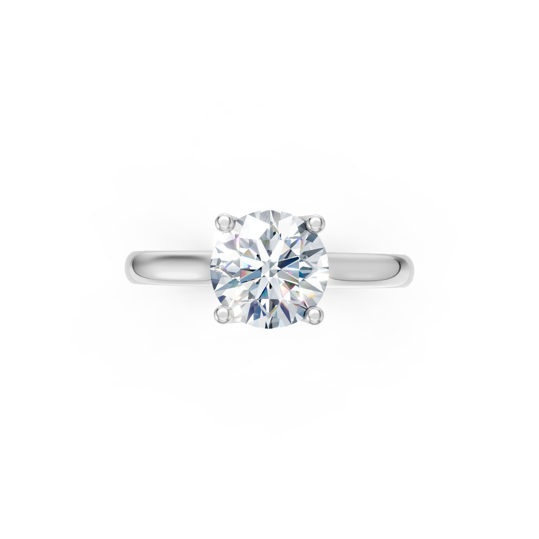Zaročni prstan iz belega zlata Zlatarstvo Gajšek, elegantna oblika, sijoč diamant v sredini, prikazan od zgoraj.