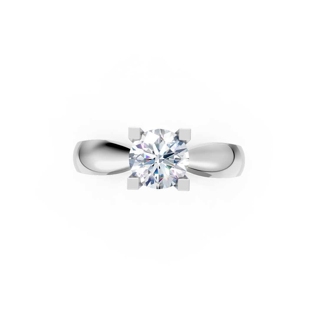 Zaročni prstan iz belega zlata Zlatarstvo Gajšek, elegantna oblika in sijoč diamant na vrhu, prikazan od zgoraj