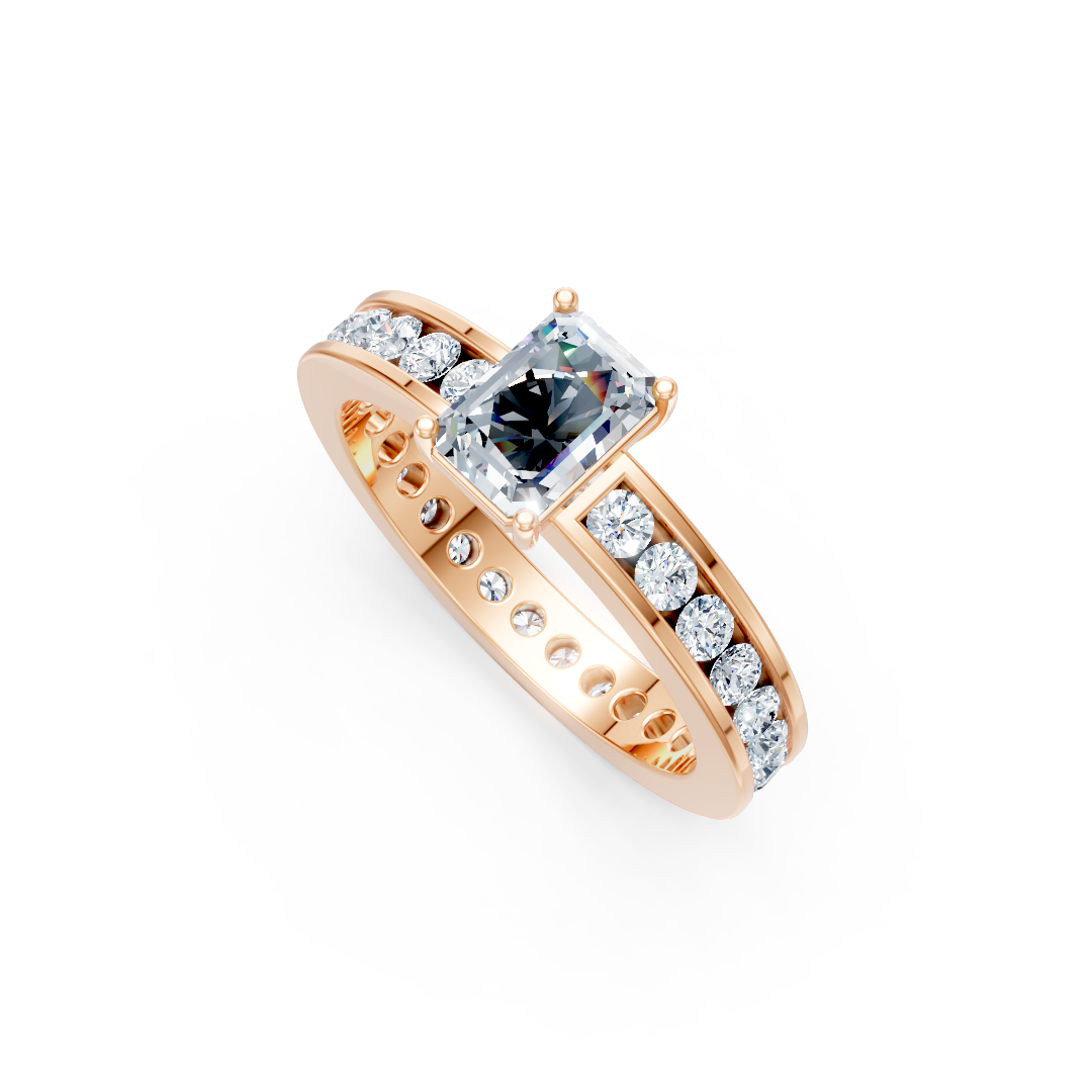Zaročni prstan iz rdečega zlata Zlatarstvo Gajšek, eleganten prstan PZRDZ3006 z sijočo diamantno obrobo.